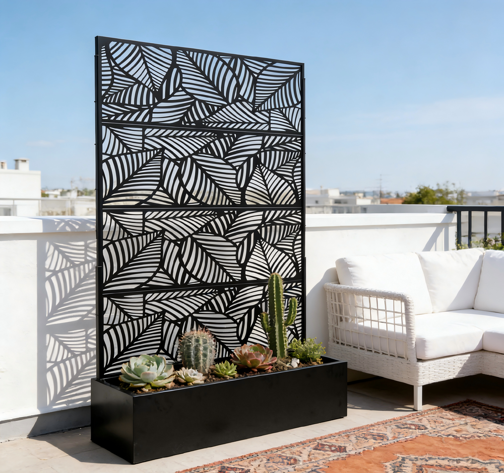 70.87' H × 46.06' W Leaf Pattern Privacy Screen with Planter Box, Black Metal Freestanding Decorative Fence Planter for Patio Balcony Backyard Media 12