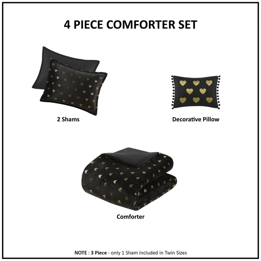 Plush Comforter Set & Black Gold Heart Print Full Queen Bedding 4 Piece with Throw Pillow Media 6