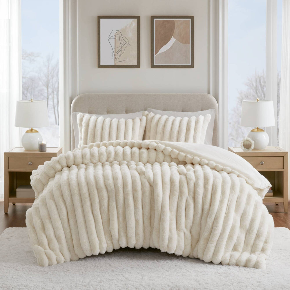 3-Piece King  soft Faux Fur Ribbed Comforter Set,Ivory Media 1