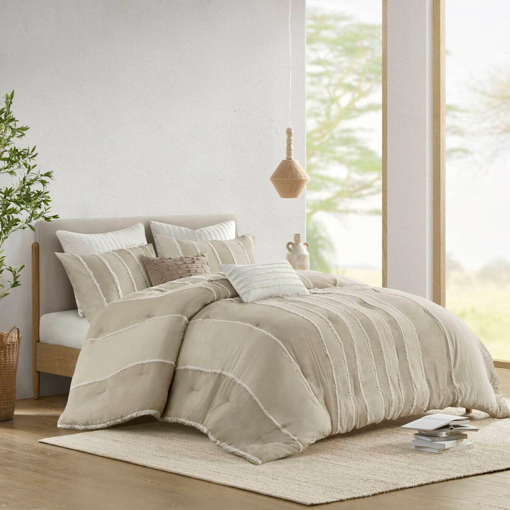3 Piece Striped Cotton Comforter Set Taupe Full/Queen Media 13