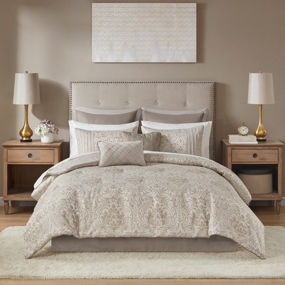 12 Piece Jacquard Comforter Set with Bed Sheets Khaki King Media 2