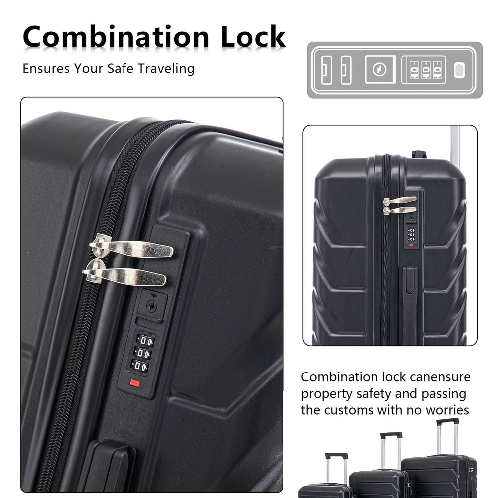 ABS Luggage Set 20 24 28 Inch Spinner Wheels Black Durable 3-Piece & Combination Lock Media 4