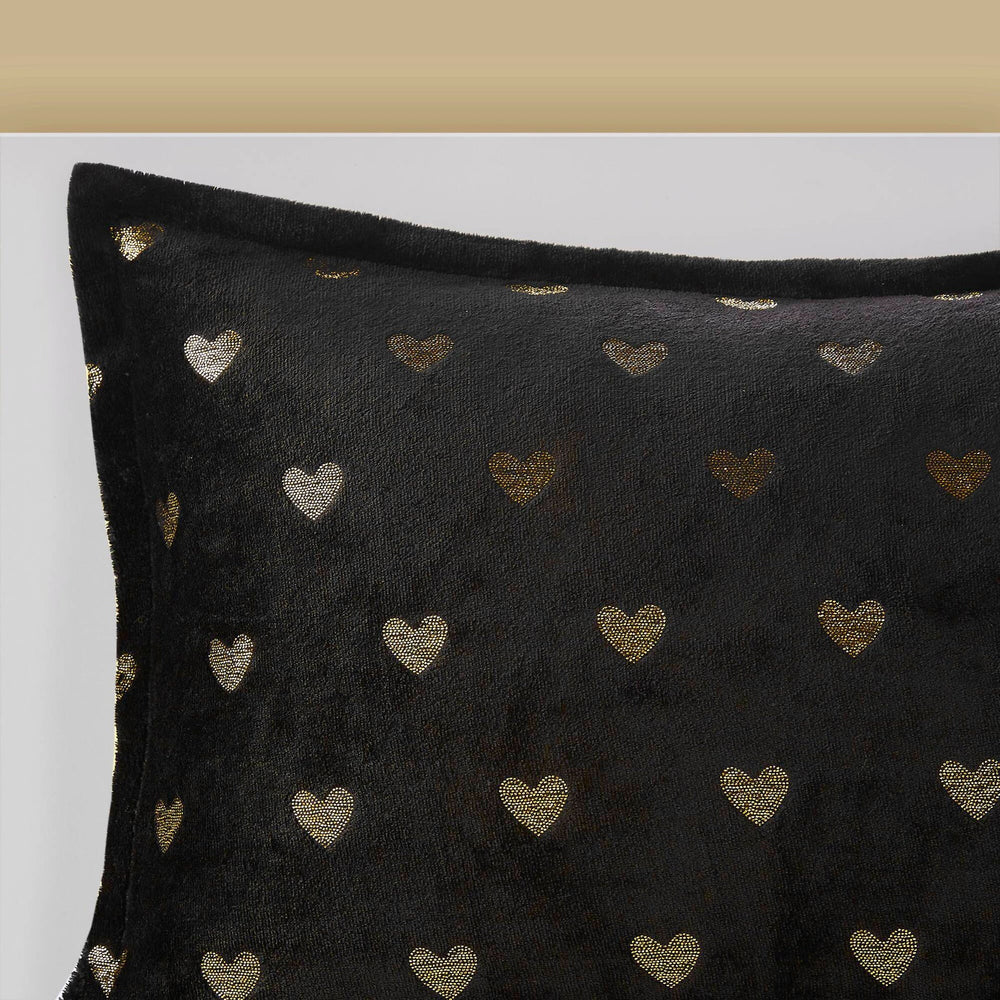 4 PCS Full/Queen Metallic Printed Plush Comforter Set with Throw Pillow Black/Gold Media 9