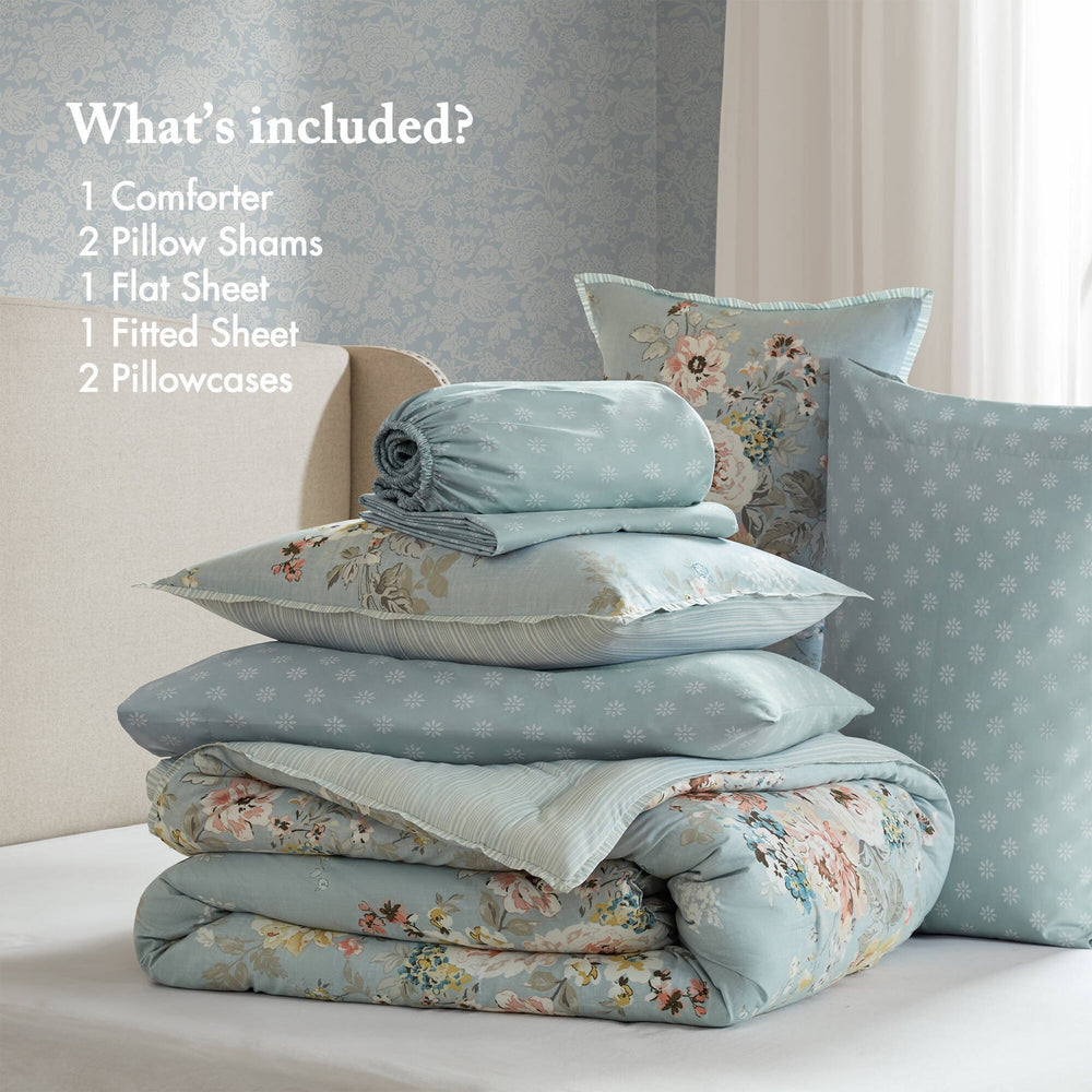 7-Piece Queen 7 Piece Vin -inspired Collection floral print,Soft Blue Media 8