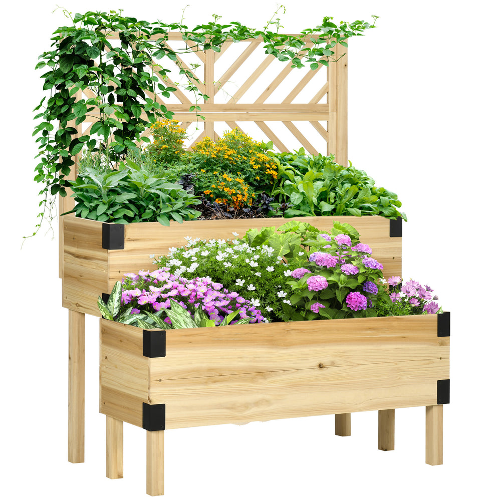 Outsunny Raised Garden Bed with Trellis, 2 Tier Wooden Elevated Planter Box with Legs and Metal Corners for Vegetables, Flowers, Herbs, Natural Media 1