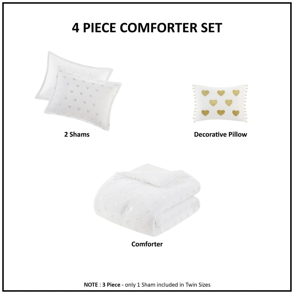 Plush Comforter Set White & Gold Heart Print 4 Piece Full Queen Bedding Includes Shams & Throw Pillow Media 4