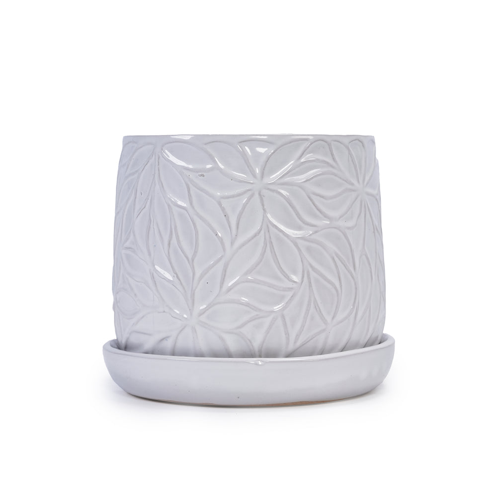 Handmade White Glossy Ceramic Planter Set of 2, 6' & 8' Diameter, Leaf Pattern Design, for Succulents and Herbs Indoor/Outdoor Shelf & Table Use, Breathable Clay with Saucers Media 10