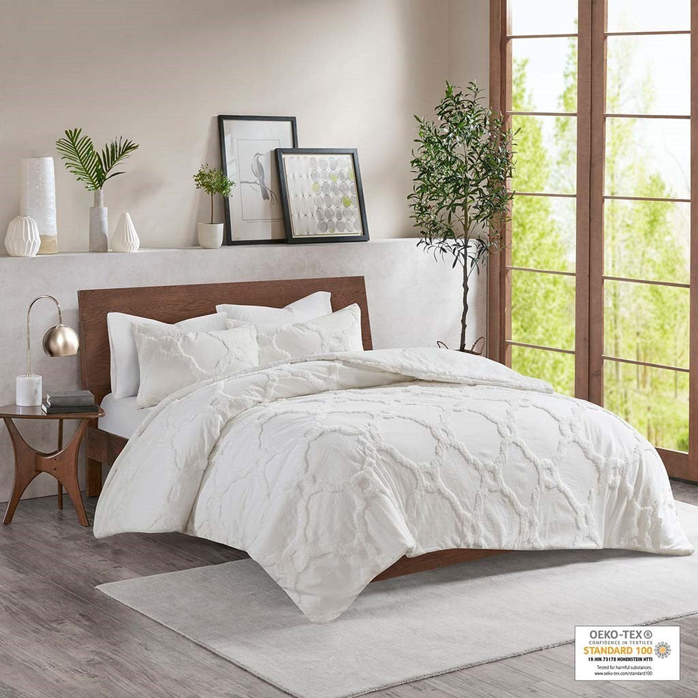3 Piece Tufted Cotton Chenille Geometric Comforter Set Off-White King/Cal King Media 2