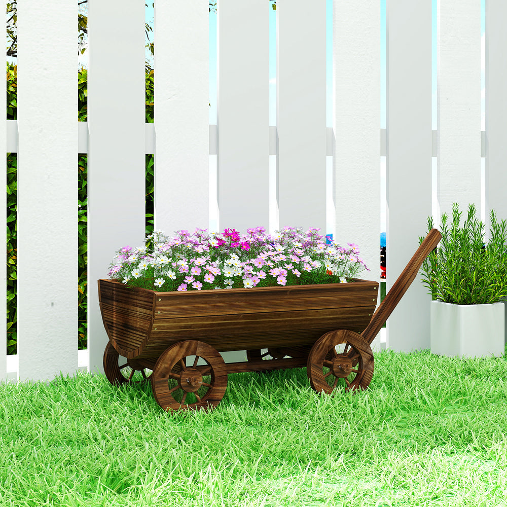 Outsunny Wooden Wagon Planter Box, Mobile Garden Planter with 4 Wheels, Small Wheelbarrow Wagon Flower Cart with Drainage Hole Media 10