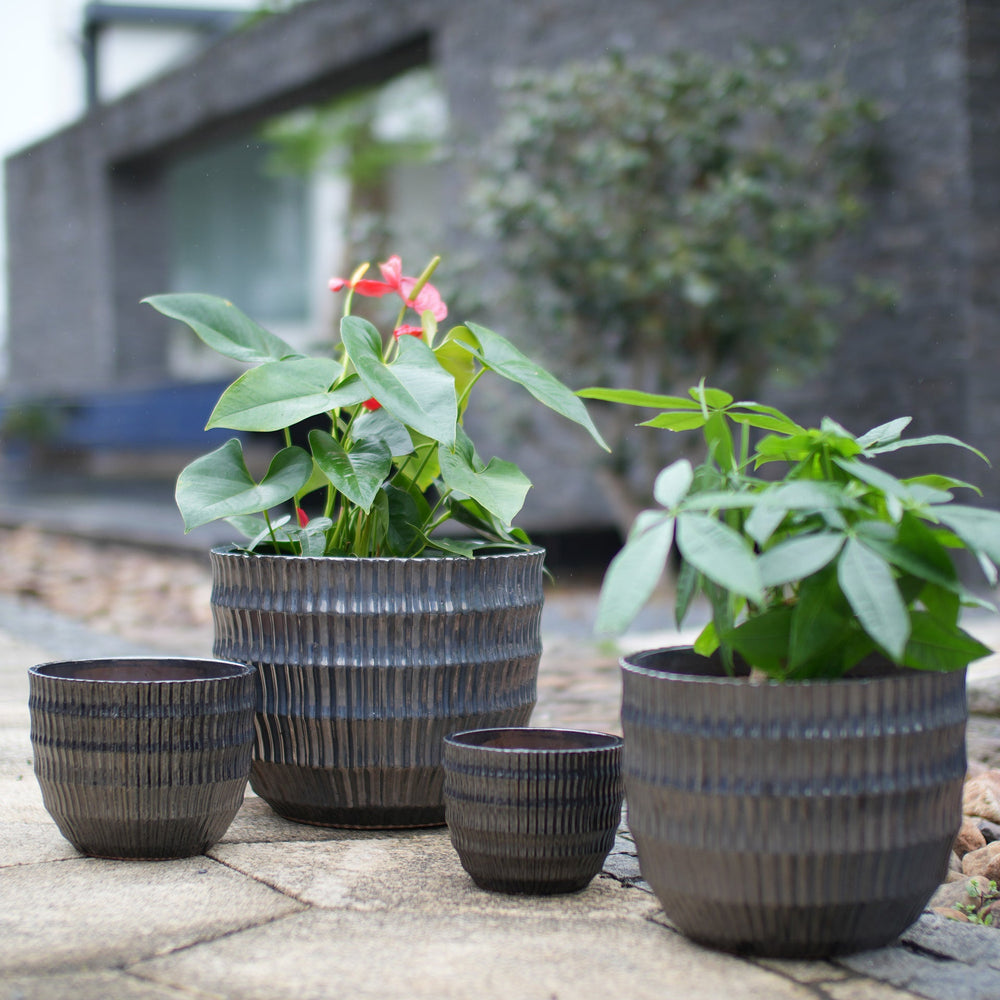 Handmade Matte Metallic Charcoal Gradient Glaze Ceramic Planter Set of 4, 7/9/12/14 Inch, Horizontal Grooves, Indoor & Outdoor Herb Succulent Pots, Breathable Clay with Drainage Holes Media 2