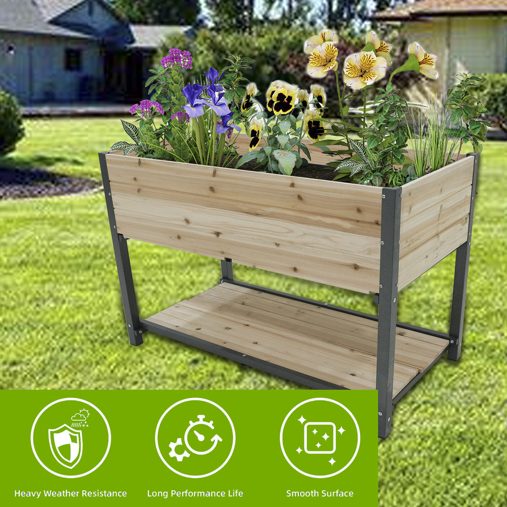 New style:     45'  Iron-wood combined growing beds with feet and storage racks. Suitable for various places such as gardens, backyards, terraces, balconies, etc. Media 2