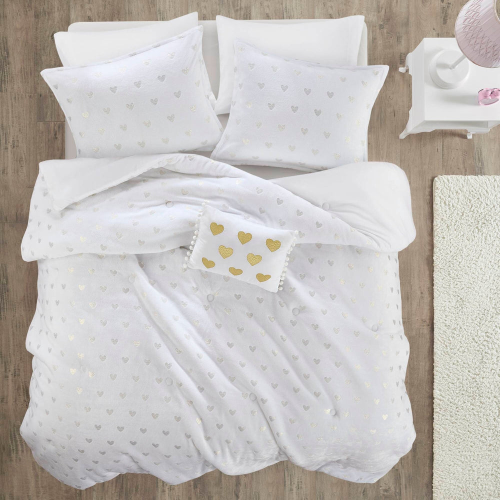 4 PCS Full/Queen Metallic Printed Plush Comforter Set with Throw Pillow White/Gold Media 6