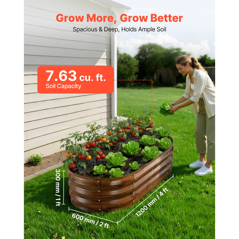 2 Pack Galvanized Raised Garden Beds, 4 x 2 x 1 ft, Oval Metal Planter Boxes Kit Outdoor, Bottomless Elevated Garden Box with Gloves, Alu-Zinc, for Planting Flowers Vegetables, Deep Wood Grain Media 9