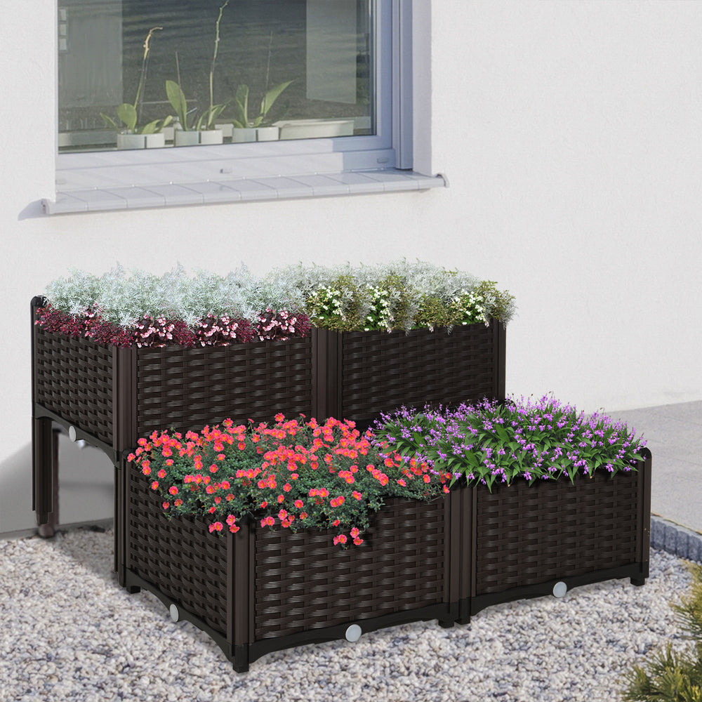 Outsunny 4 Piece Raised Garden Bed with Legs, Self-Watering Planter Box Raised Bed to Grow Flowers, Herbs & Vegetables, Brown Media 11