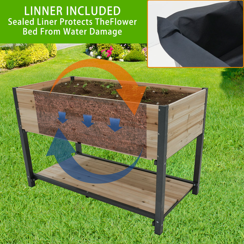 New style:     45'  Iron-wood combined growing beds with feet and storage racks. Suitable for various places such as gardens, backyards, terraces, balconies, etc. Media 3