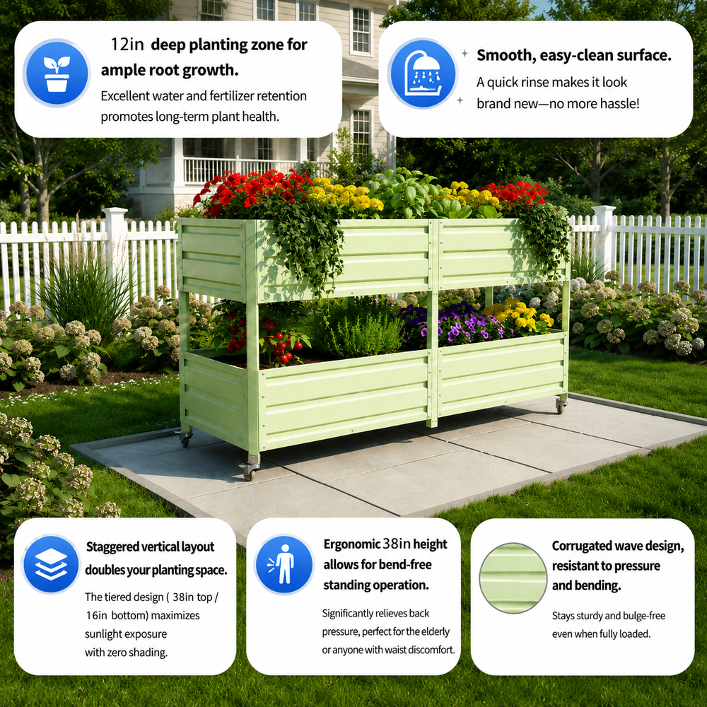 Dual Tier Elevated Metal Raised Garden Bed with Lockable Wheels, Staggered 2-Layer Raised Planter Box for Vegetables Herbs Flowers, Outdoor Patio Backyard Green Planting Bed,Green Media 6