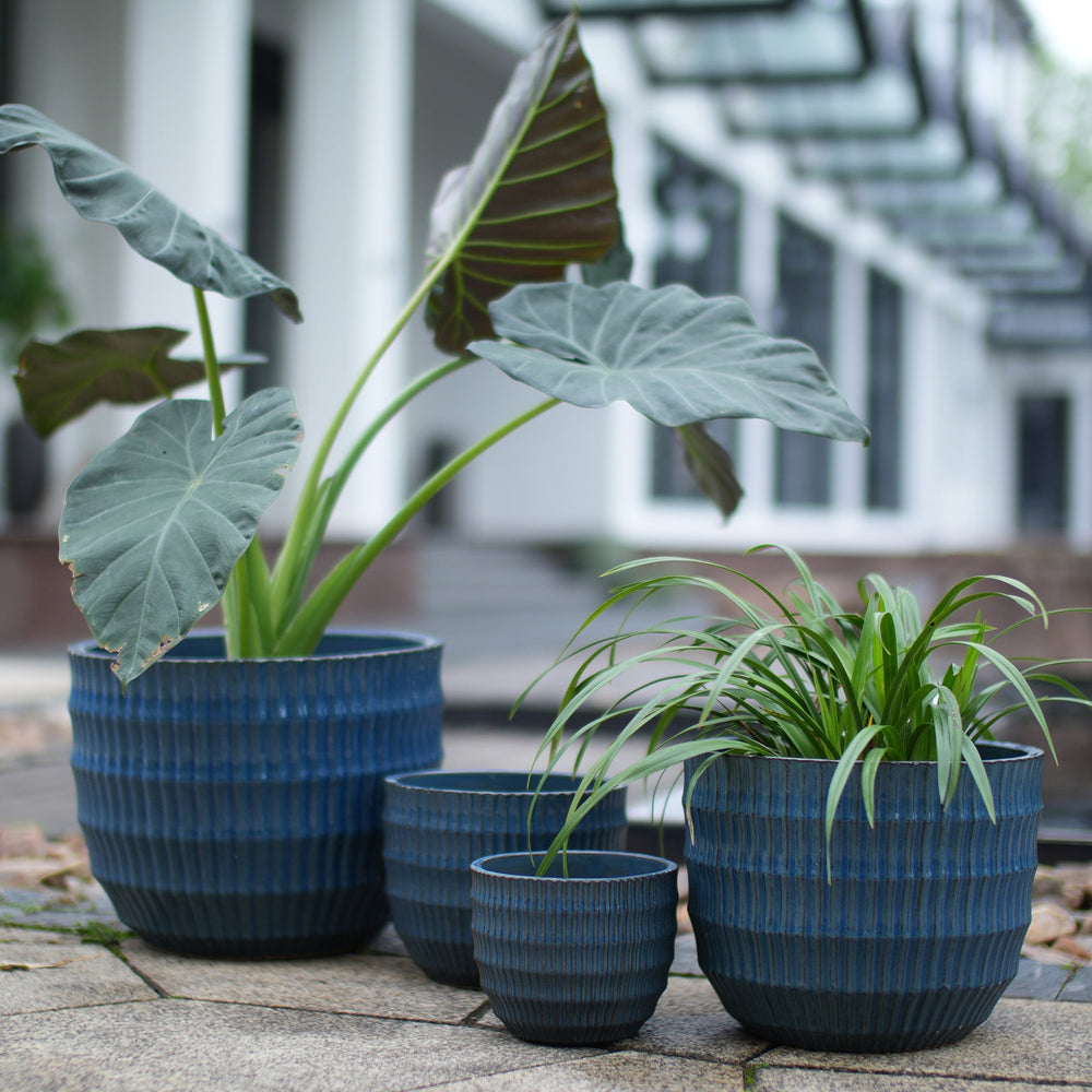 Handmade Denim Blue Glaze Ceramic Planter Set of 4, 7/9/12/14 Inch, Horizontal Grooves, Indoor & Outdoor Herb Succulent Pots, Breathable Clay with Drainage Holes Media 1