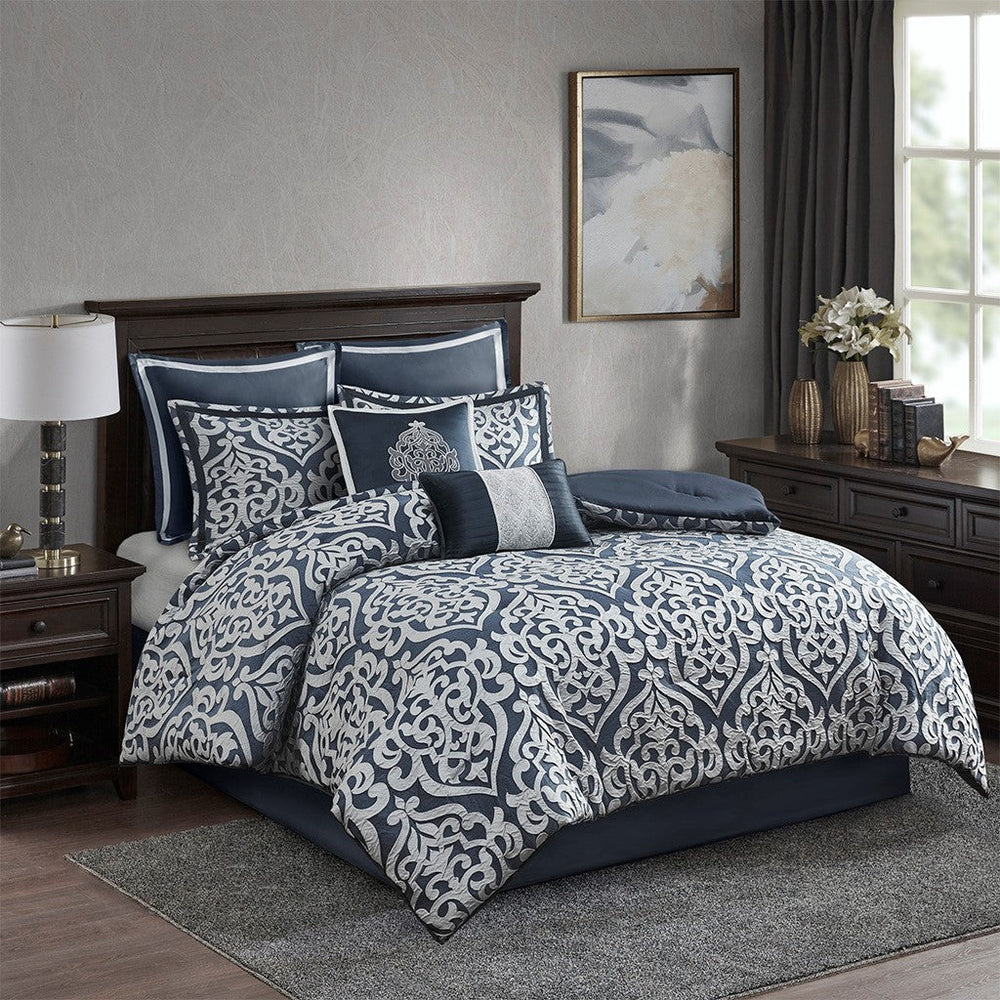 8 Piece Jacquard Comforter Set Navy/Silver Cal King Media 1