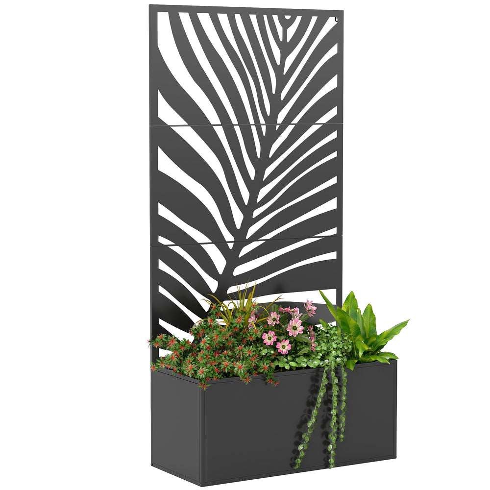 Outsunny Metal Planter Box with Trellis, Raised Garden Bed with Privacy Screen for Climbing Plants, Leaf Cut-Out Privacy Planter Media 1
