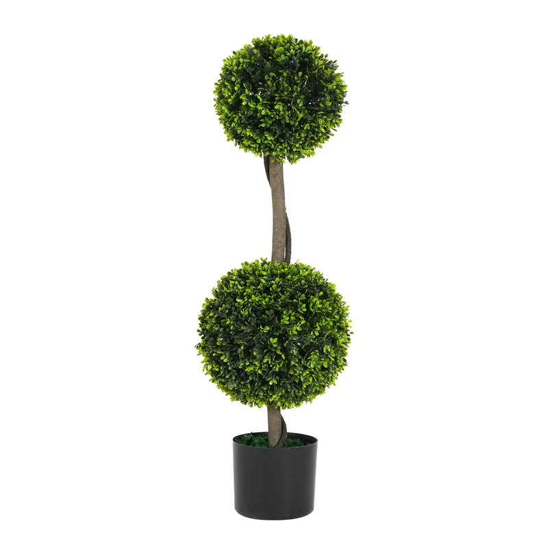 34' Artificial Topiary Boxwood Tree Double Ball with Black Plastic Pot, Set of 2