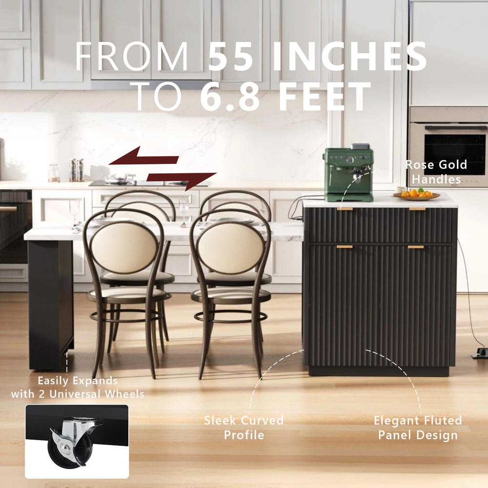 Kitchen Island Modern With Extendable Dining Table & Power Outlet For 4-6 People Black Media 5