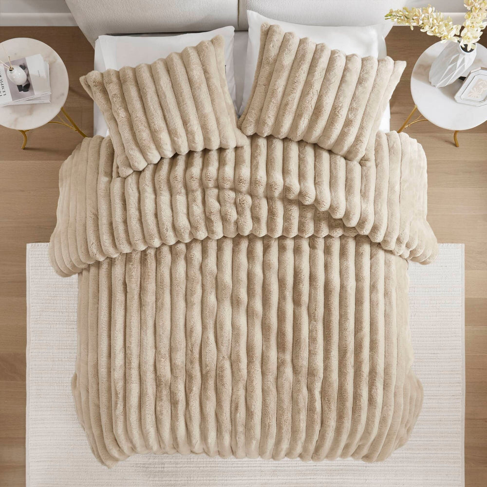 3 PCS King  soft Faux Fur Ribbed Comforter Set Taupe Media 3