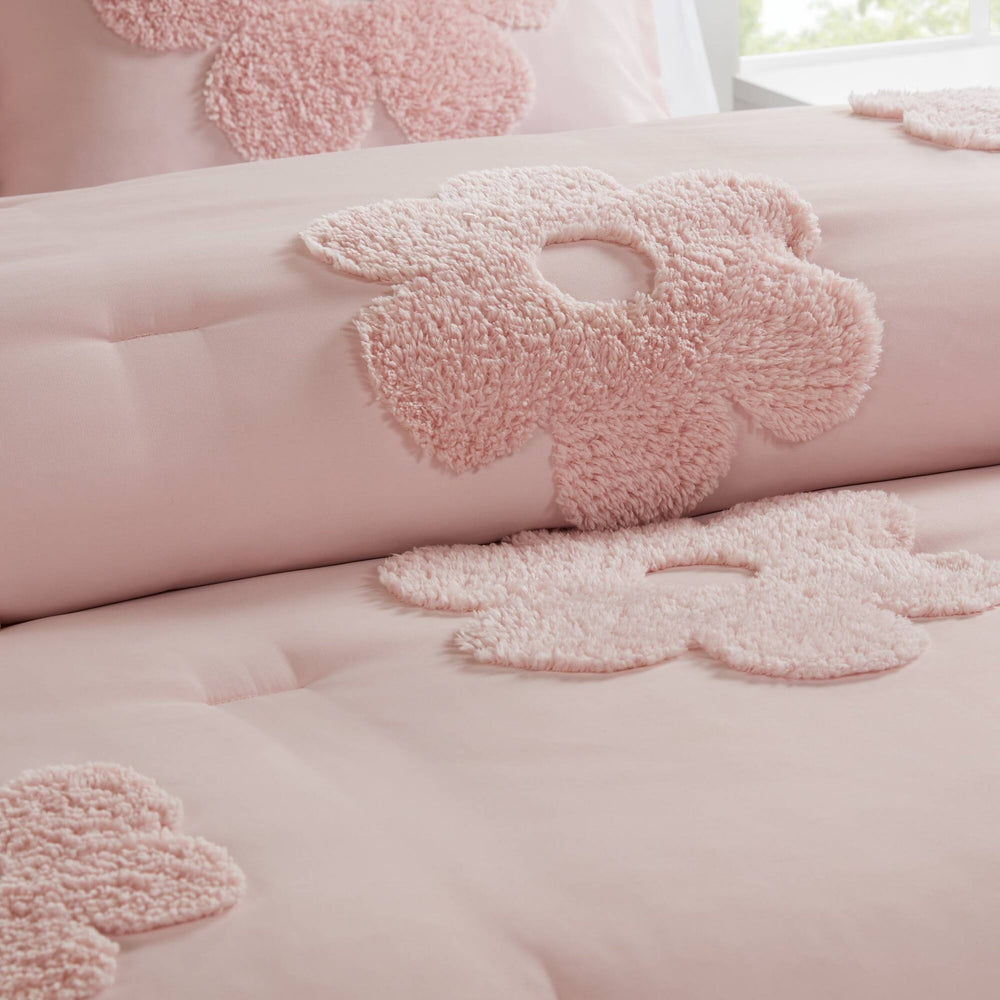 3-Piece Twin Floral Reversible Tufted Chenille Comforter Set with Flower Throw Pillow,Pink Media 7