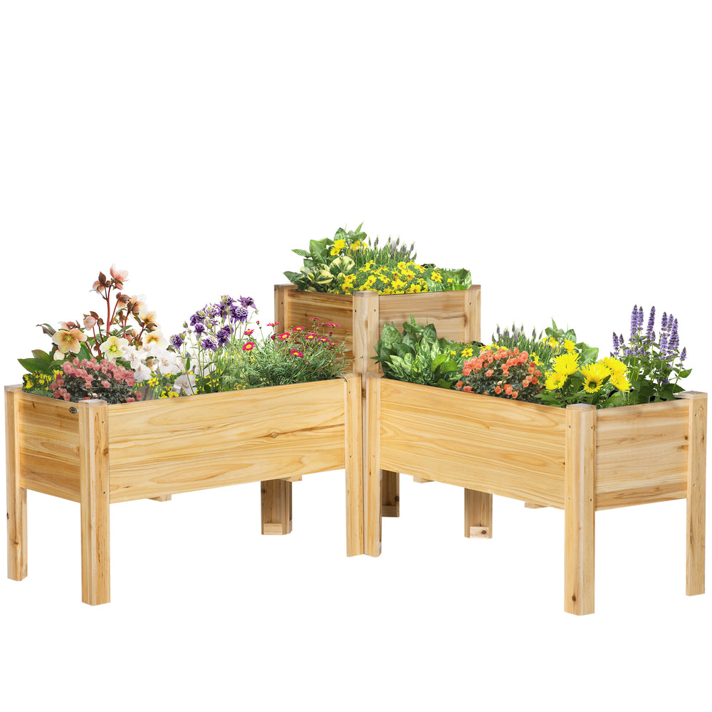 Outsunny Raised Garden Bed Set of 3, Wooden Elevated Planter Box with Legs and Bed Liner, for Backyard and Patio to Grow Vegetables, Herbs, and Flowers, Natural Media 9