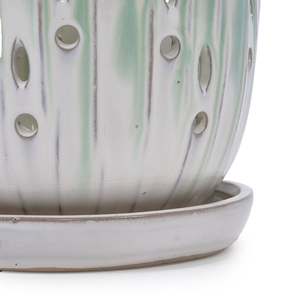 Set of 2 Ceramic Flowerpot with Drainage Hole, 8' Modern Planter for Patio, Garden, Windowsill - White Green Media 9
