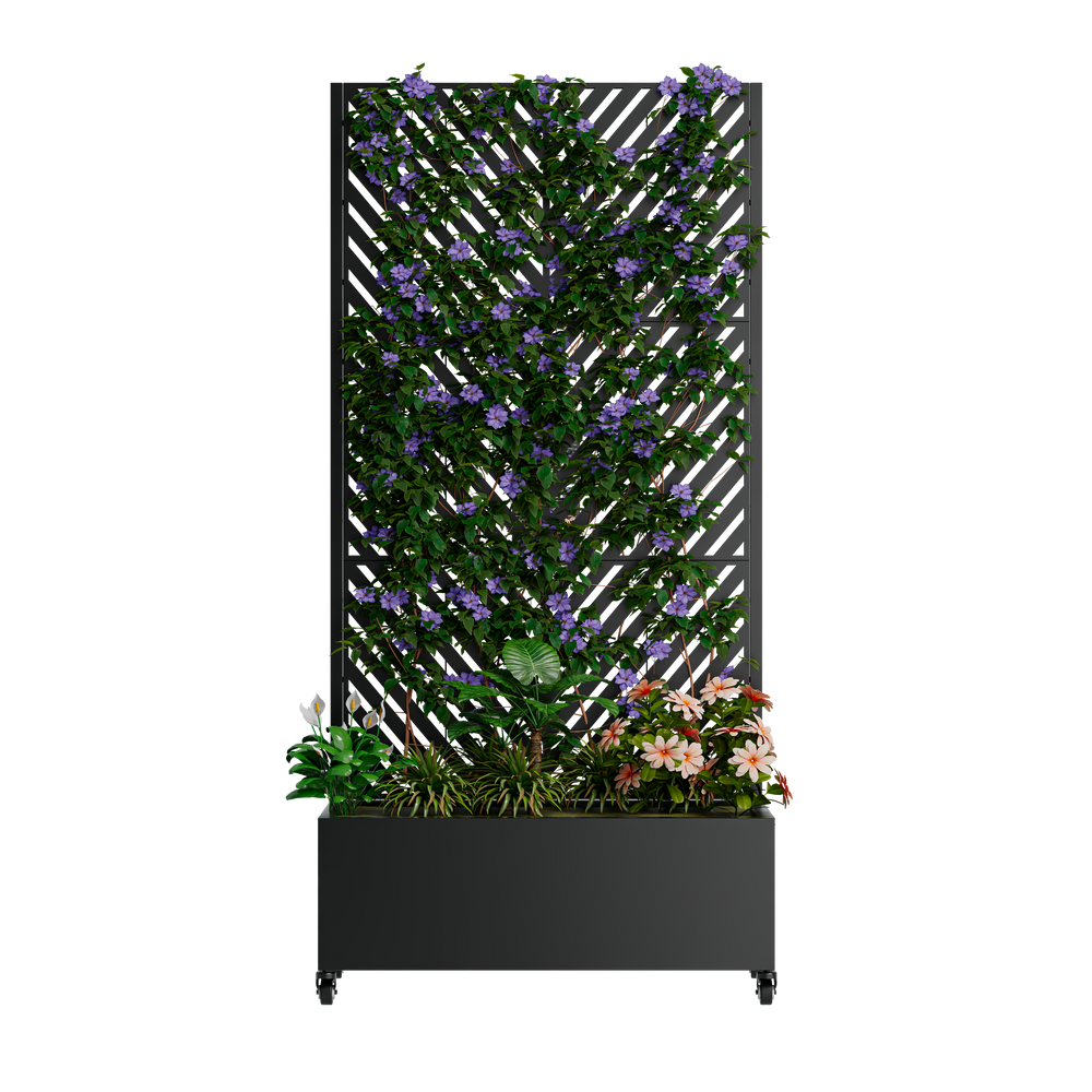 Metal Planter Box with Trellis,  73'x35'x16 Metal Raised Garden Bed with Trellis, Metal Planter Box with Drainage Holes & Lockable Wheels & Privacy Screen for Climbing Plants, Vegetables, Vines Media 2