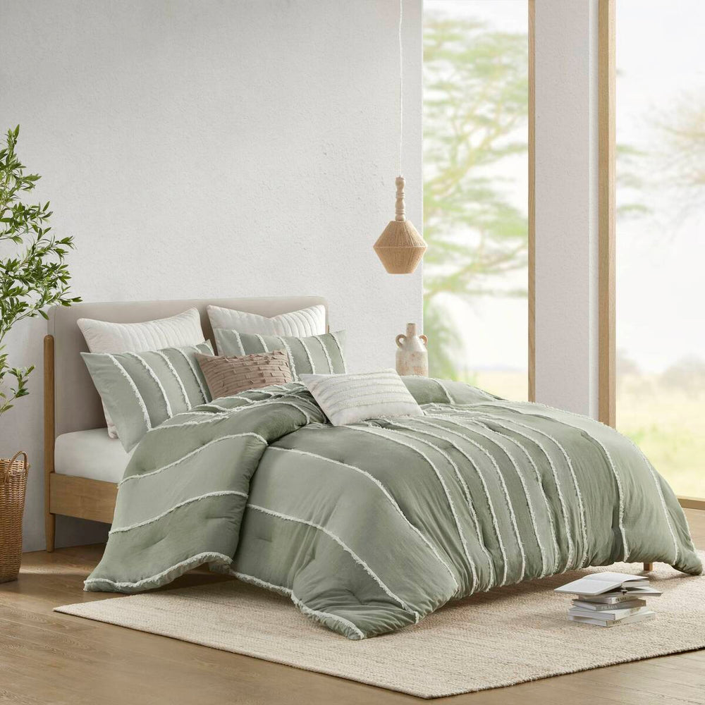 3 Piece Striped Cotton Comforter Set Sage Full/Queen Media 9