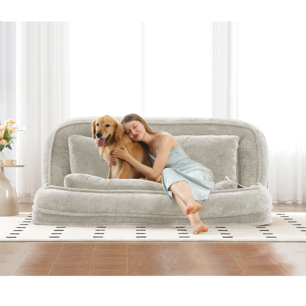 Pet Sofa Bed Chenille 2-In-1 Lounge Couch With 5 Adjustable Positions For People & Pets Beige Media 3