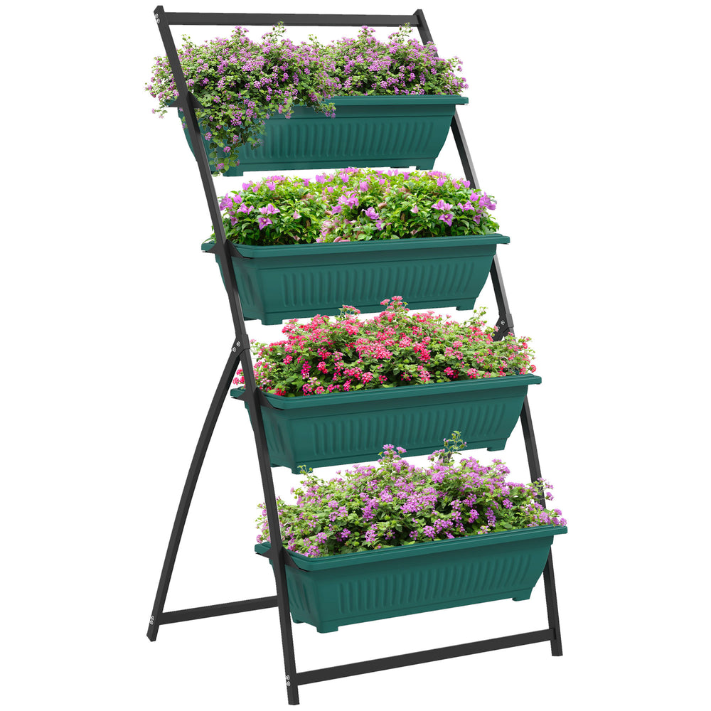 Outsunny Raised Garden Bed, 4 Tier Vertical Garden Planter Set, 4 Outdoor Planter Boxes with Stand, Self Draining Design Elevated Garden for Vegetable, Flowers & Herbs, Green Media 1