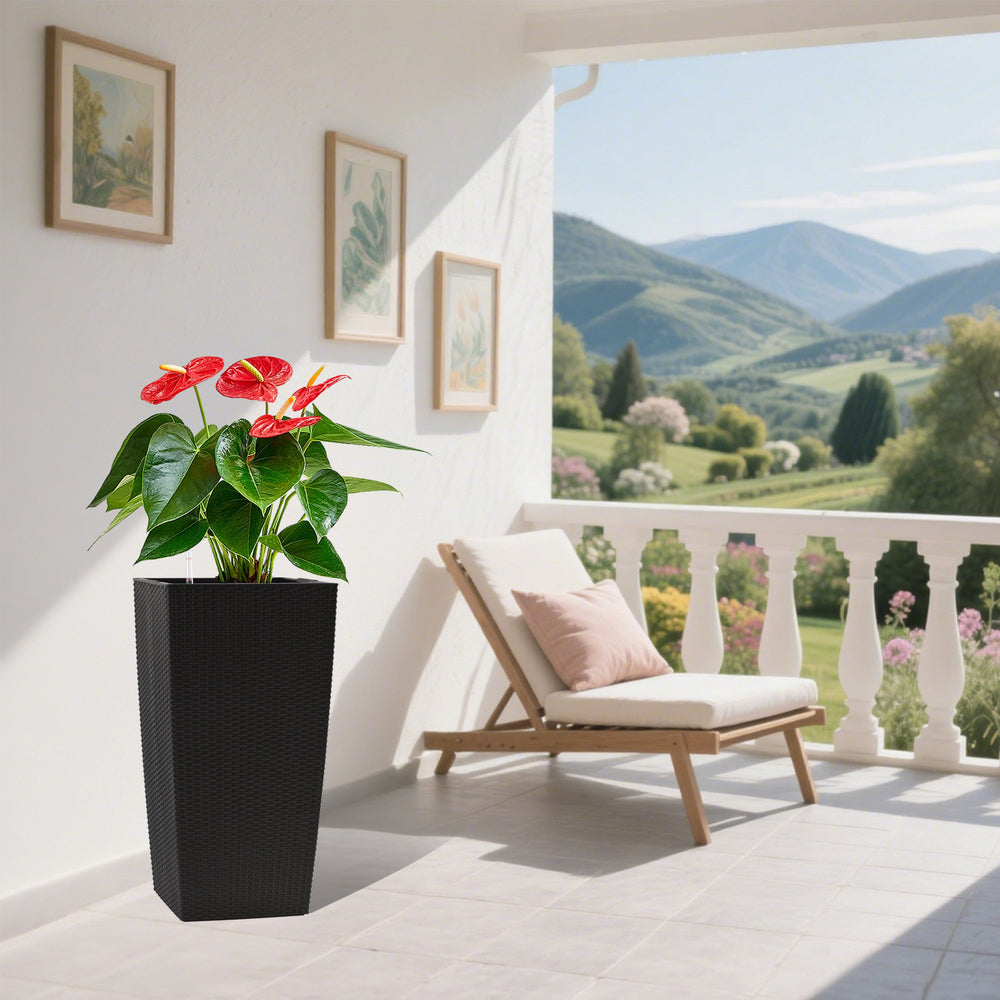 Black Faux Rattan Large Flower Pot with Self-Watering System, 30 in Tall Indoor Outdoor Planter Featuring Drainage Holes, Inner Tray & Water Level Monitor Media 9
