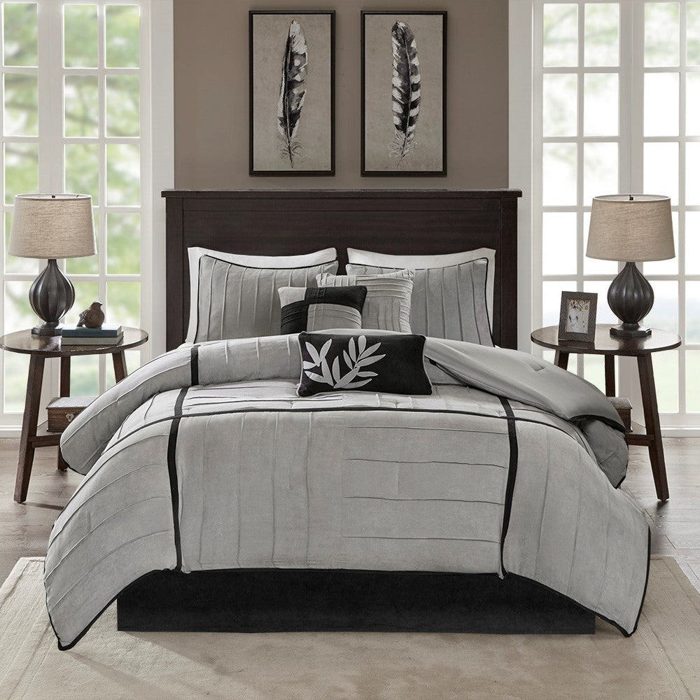 7 Piece Faux Suede Comforter Set Grey Cal King Media 8