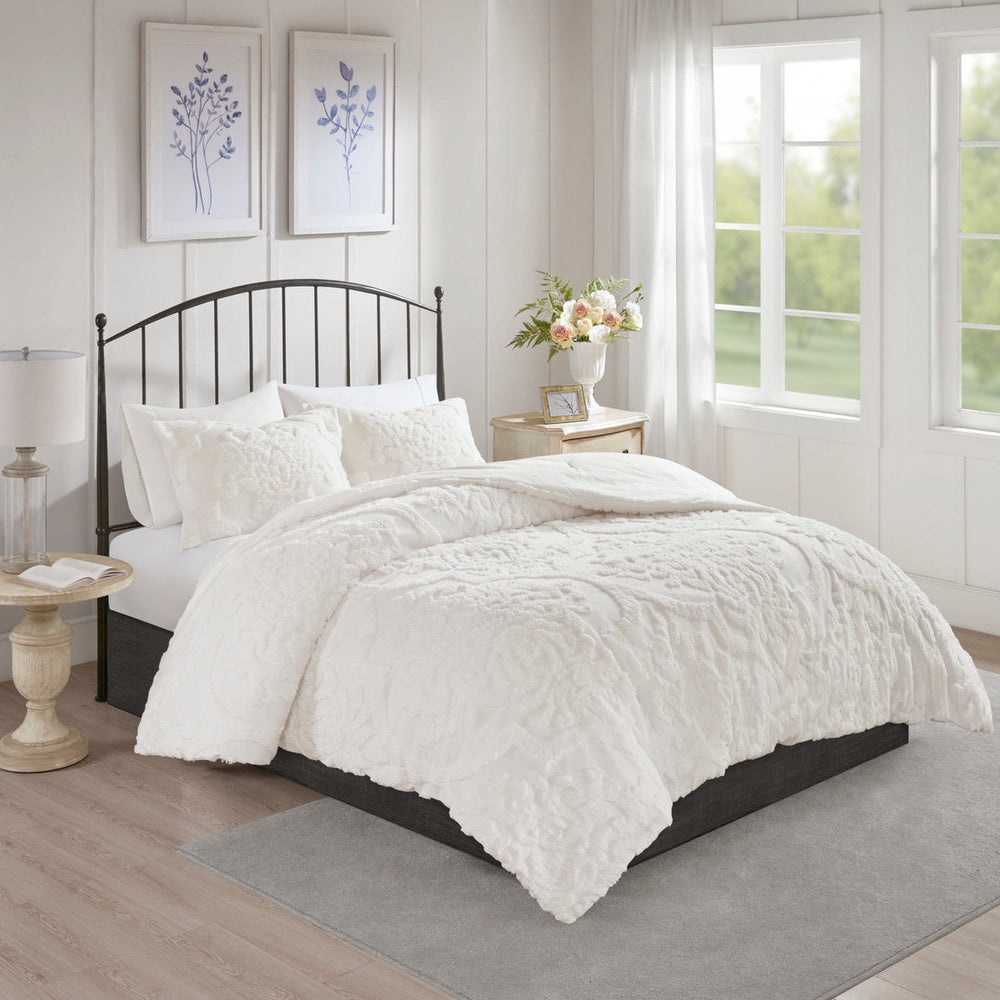 3 Piece Tufted Cotton Chenille Damask Comforter Set Off-White King/Cal King Media 1