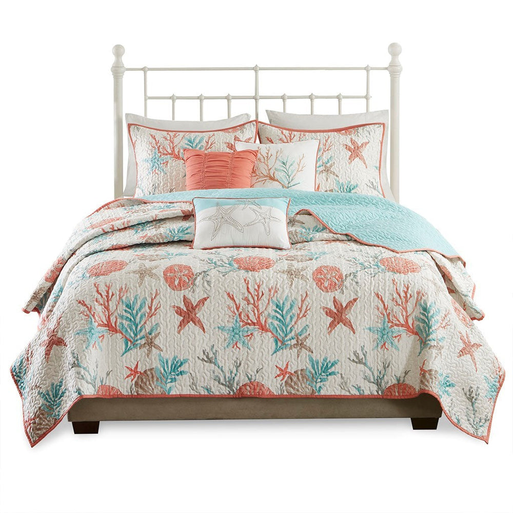 6 Piece Cotton Sateen Quilt Set with Throw Pillows Coral Full/Queen Media 10