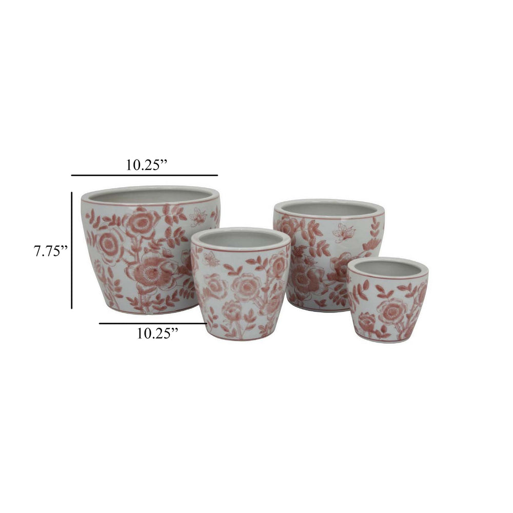 Kerry Accent Planter Pot Set of 4, Pink Floral Pattern, White Ceramic Media 4