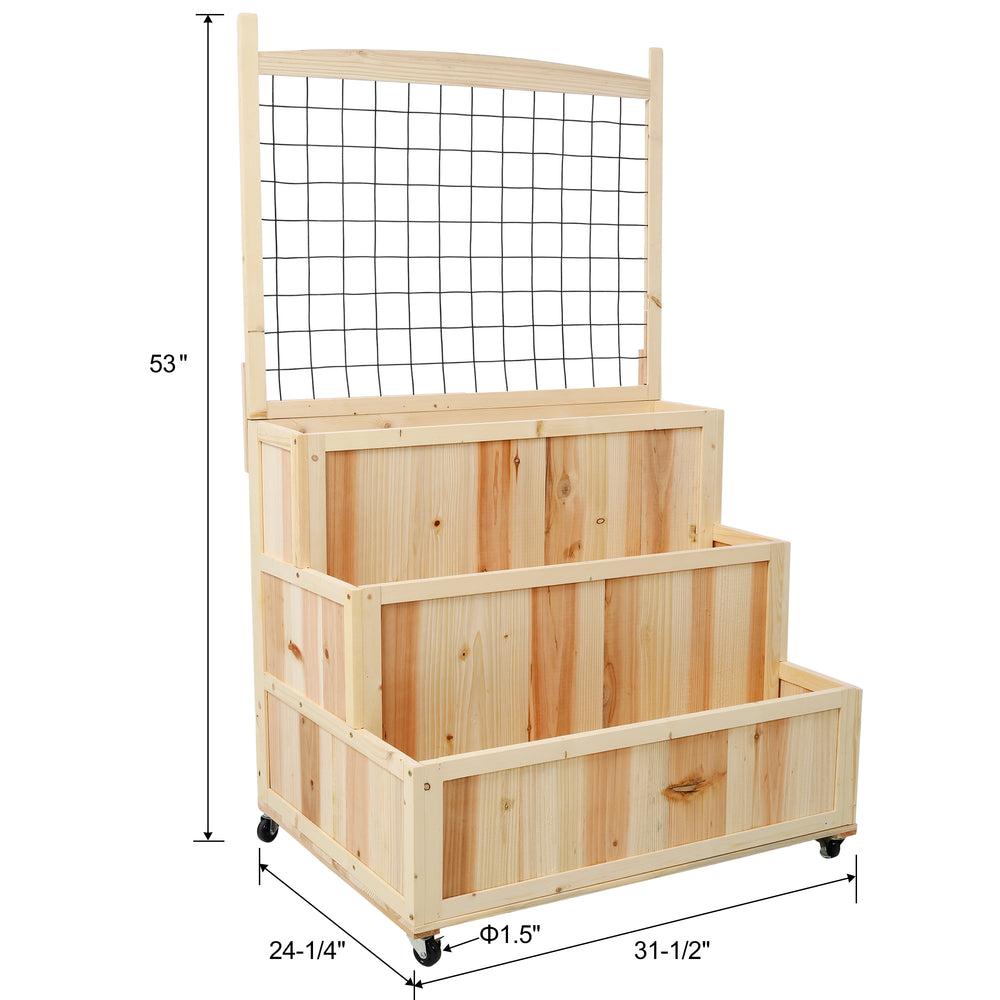 3-Tiers Raised Garden Bed with Trellis, 53' H Vertical Planter Box with Wheels & Back Storage Area, for Flowers, Vegetables, Herbs, Natural Media 16