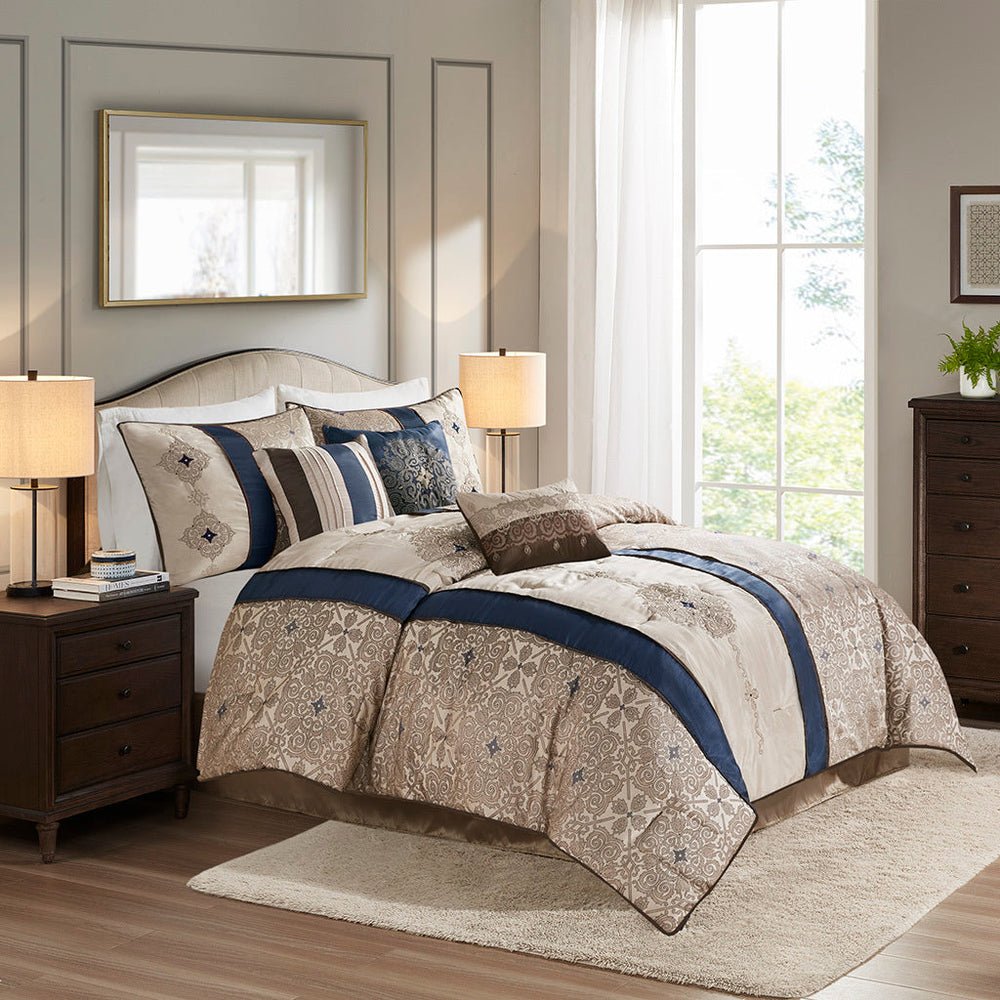 Queen 7 Piece Jacquard Comforter Set with Throw Pillows Media 1