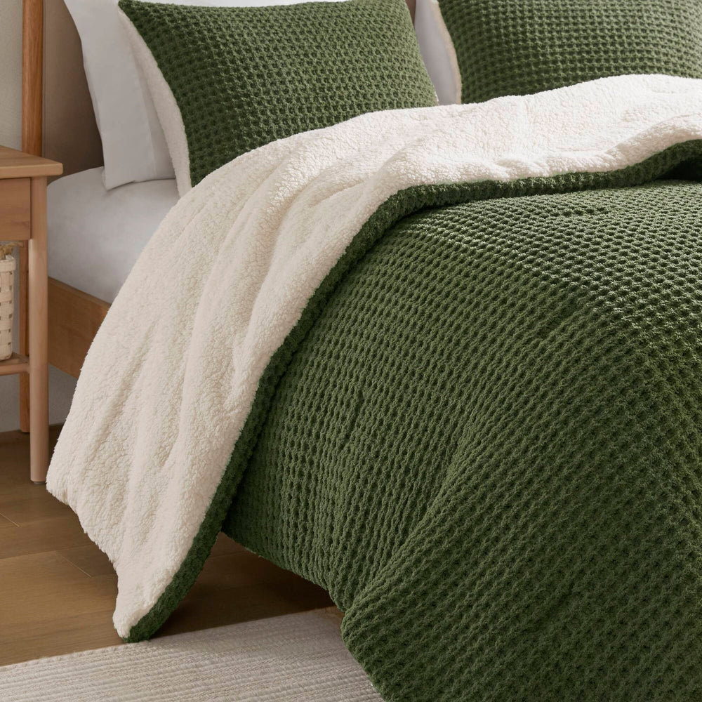 3 Pieces King/Cal King Waffle Knit Chenille Comforter Set,Olive Media 11