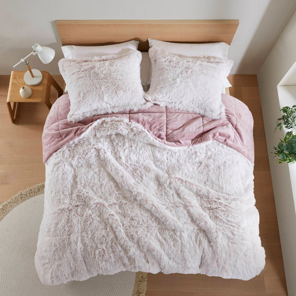3 PCS Full/Queen Shaggy Faux Fur Comforter Mini Set Pink/White Media 6
