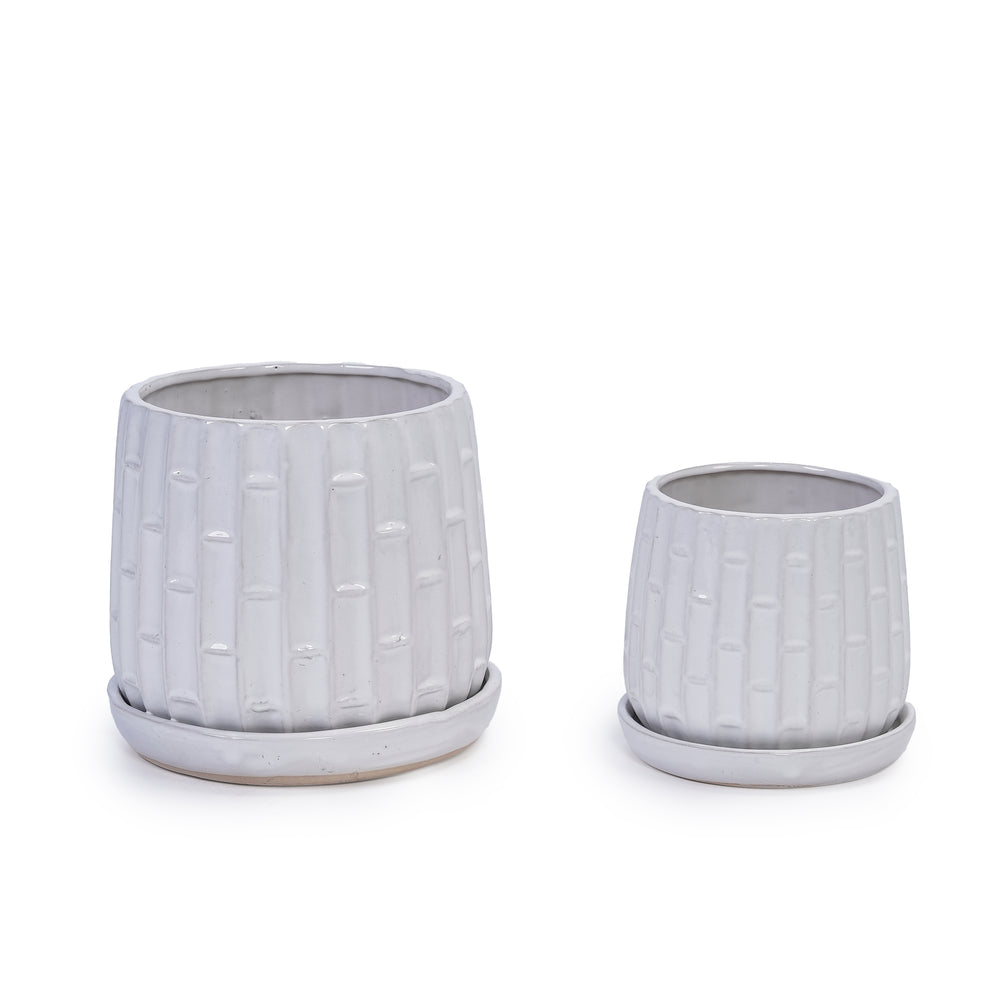 Handmade White Glazed Ceramic Planter Set of 2, 6' & 8' Diameter, Bamboo-like Pattern, for Orchids Indoor/Outdoor Shelf & Table Use, Breathable Clay Media 6