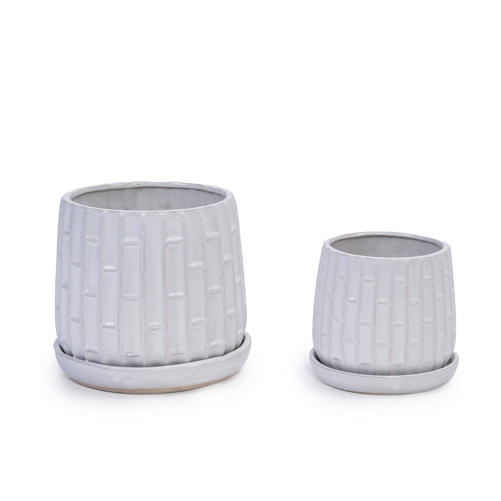 Handmade White Glazed Ceramic Planter Set of 2, 6' & 8' Diameter, Bamboo-like Pattern, for Orchids Indoor/Outdoor Shelf & Table Use, Breathable Clay Media 6