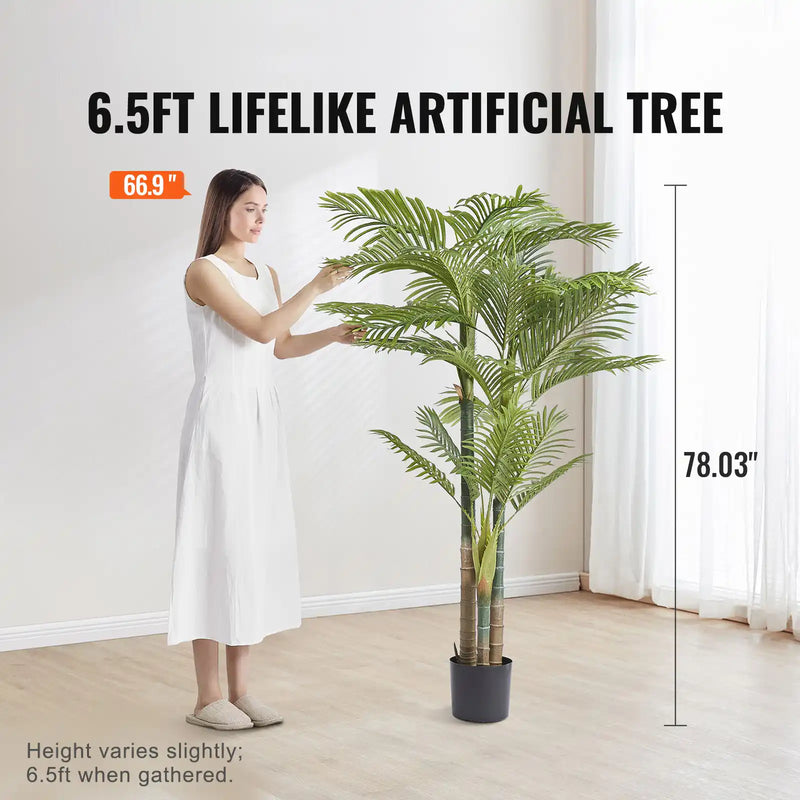 Artificial Gold Cane Palm Tree, 6.5 FT Tall Faux Plant, PE Material & Anti-Tip Tilt Protection Low-Maintenance Plant, Lifelike Green Fake Tree for Home Office Warehouse Decor Indoor Outdoor