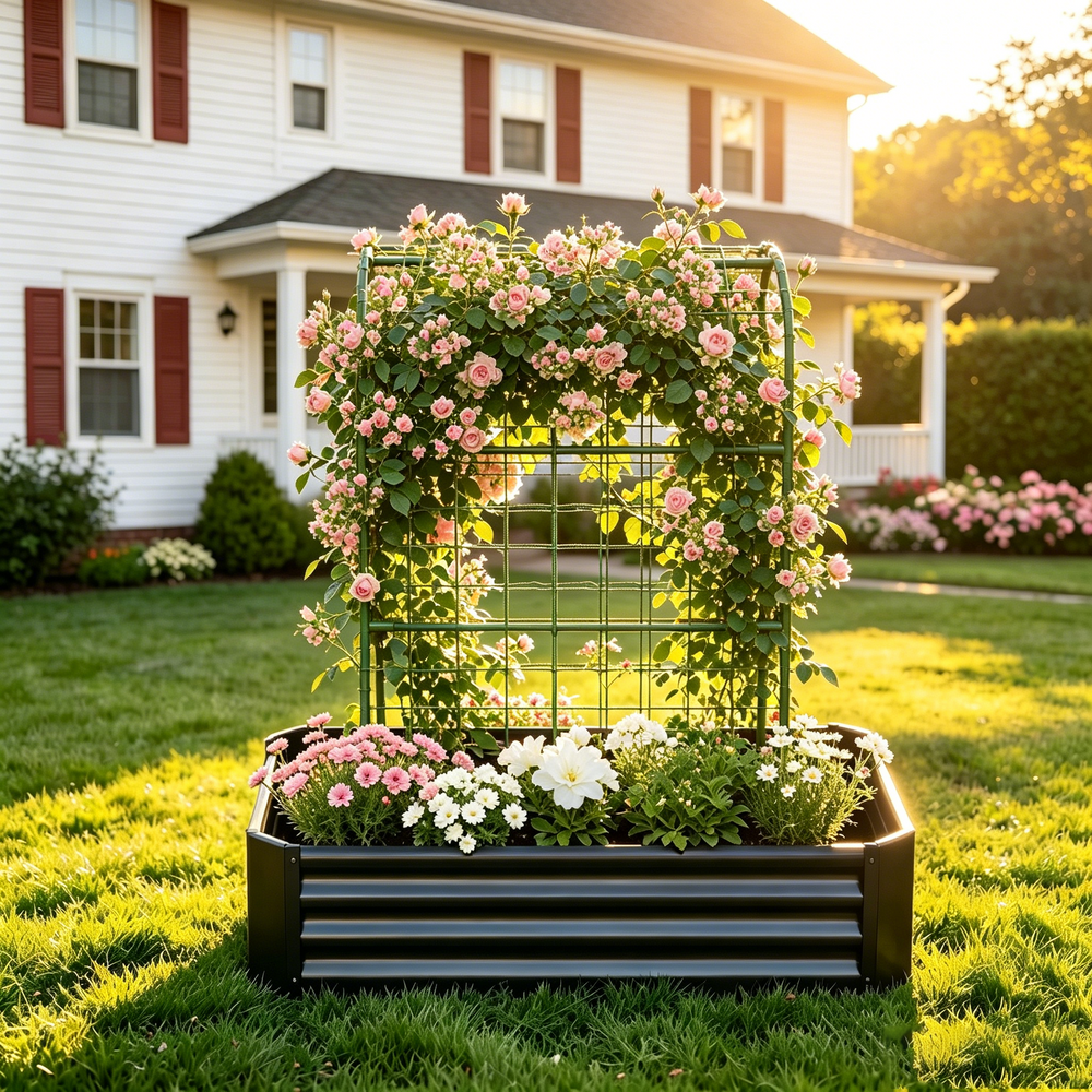 2-in-1 Raised Garden Bed with Trellis - 59' Tall Arch Planter Box for Climbing Plants, Outdoor Galvanized Metal Gardening Bed for Vegetables, Fruits, Flowers (Black, 4x2x1 Ft) Media 1