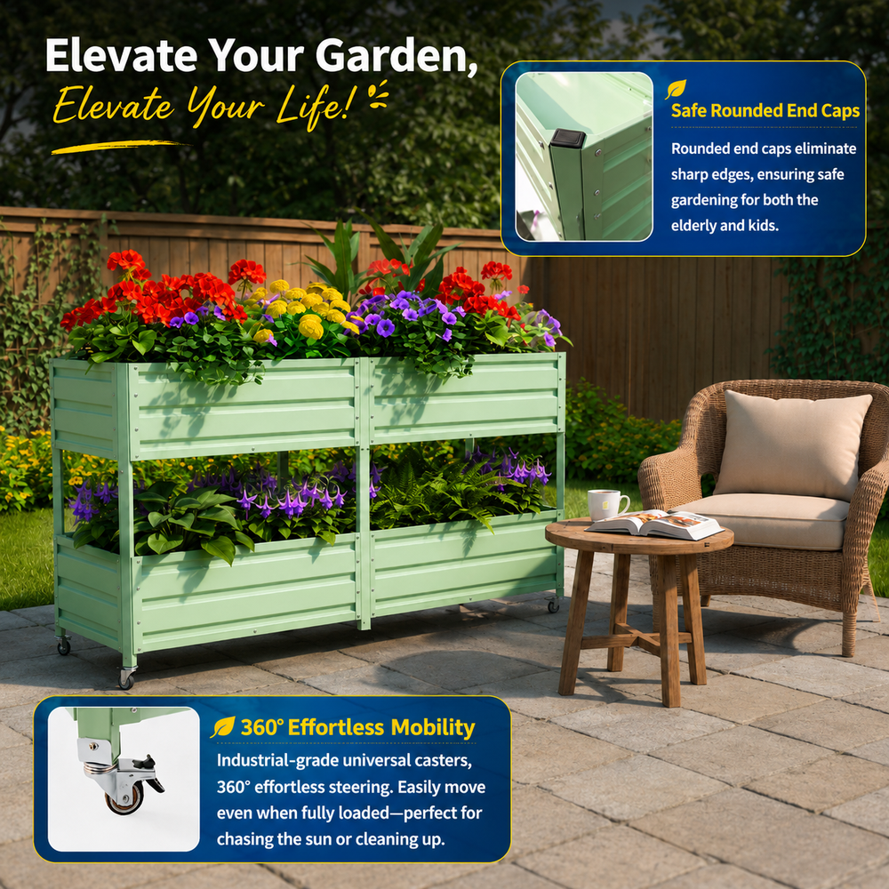 Dual Tier Elevated Metal Raised Garden Bed with Lockable Wheels, Staggered 2-Layer Raised Planter Box for Vegetables Herbs Flowers, Outdoor Patio Backyard Green Planting Bed,Green Media 5