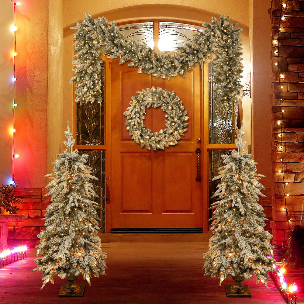 Pre-lit Christmas Artificial Tree 4-Piece Set, Garland, Wreath and Set of 2 Entrance Trees, X-mas with LED Lights, PVC Festival Celebration Set, Green Media 1