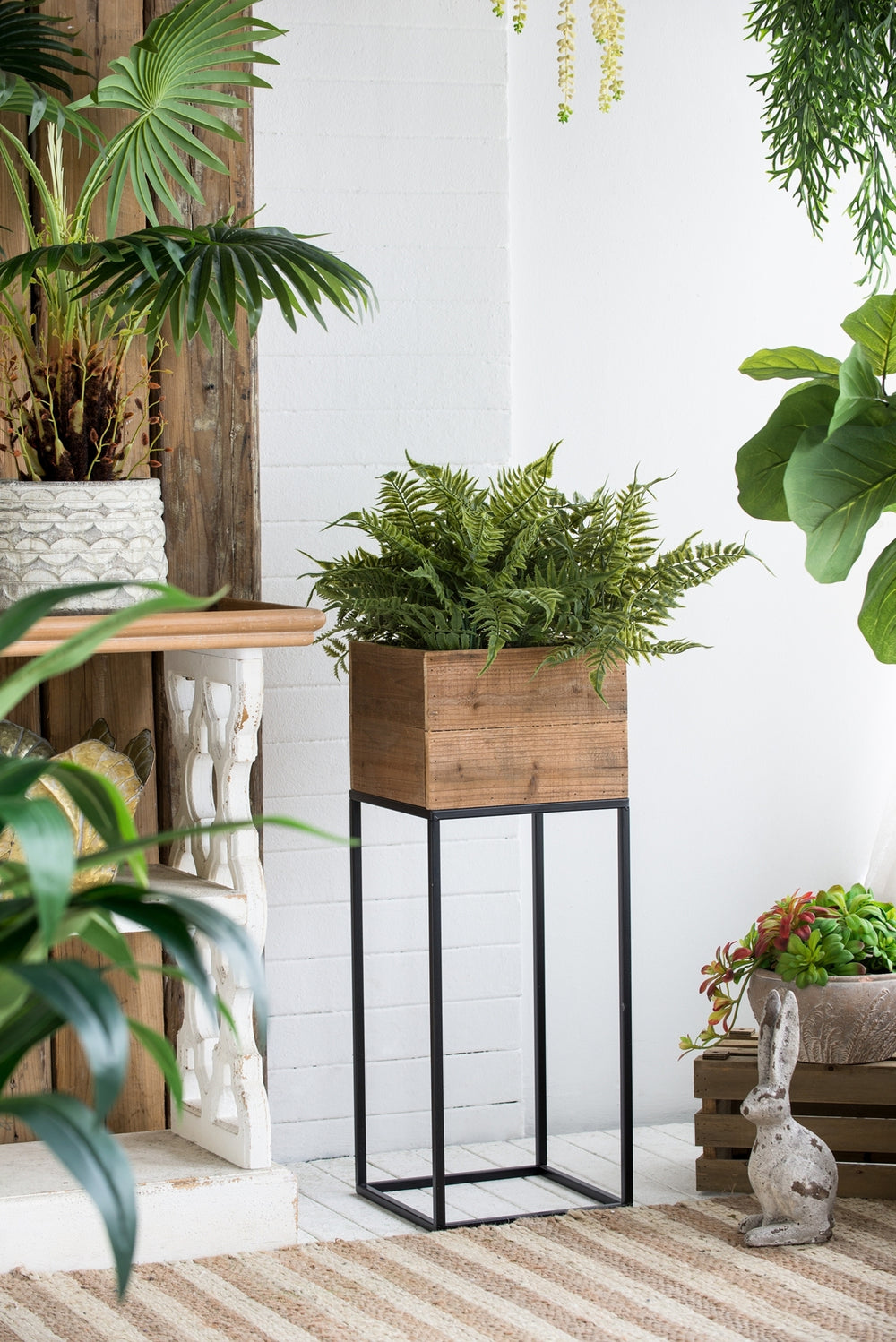 Set of 2 Reclaimed Wooden Box With Black Iron Stand, L:11x11x29.5' S:8.5x8.5x21.5' Media 15