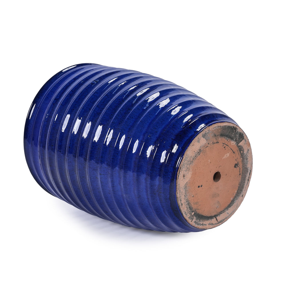 Handmade Sapphire Blue Ceramic Planter, 17 Inch Diameter, 1 Piece, Horizontal Ripples Pattern, for Monstera and Fiddle Leaf Fig, Indoor & Outdoor Doorway Use, Breathable Clay Media 9